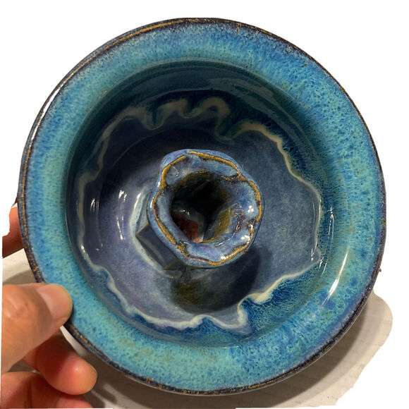 Smoky Mountain Pottery Candle Holder Glazed Blue Round Hand Made Gatlingburg TN - Picture 10 of 10